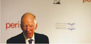  ?? (Ronen Zvulun/Reuters) ?? LORD JACOB ROTHSCHILD speaks at an event marking the signing of an agreement between the national libraries of Israel and Russia, to digitize ancient Hebrew manuscript­s for public view online, at the Israel National Library in 2017.