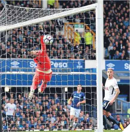  ??  ?? ■ Everton goalkeeper Jordan Pickford can only watch as the ball beats him during Tottenham’s victory.