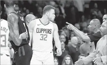  ?? Wally Skalij Los Angeles Times ?? CLIPPERS FORWARD Blake Griffin (32) is ejected, along with Rockets forward Trevor Ariza, second from left. Ariza, according to sources, was the “instigator” in the locker-room incident after the game.