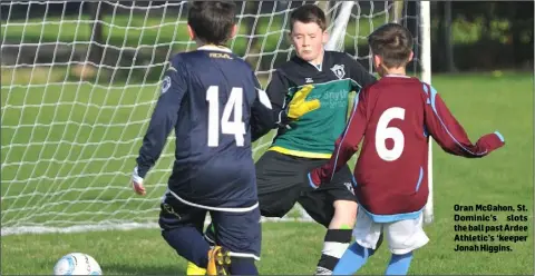  ??  ?? Oran McGahon, St. Dominic’s slots the ball past Ardee Athletic’s ‘keeper Jonah Higgins.