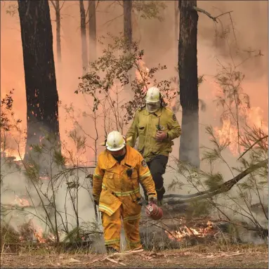  ??  ?? Firefighte­rs create small fires ahead of a blaze front in Jerrawanga­la, New South Wales, in an effort to reduce the amount of fuel available to the main fires in the area. Thousands of people are fleeing the region’s fire-ravaged seaside towns