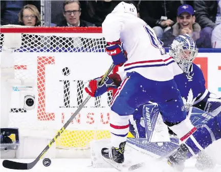  ?? FRANK GUNN/THE CANADIAN PRESS ?? Montreal Canadiens forward Andrew Shaw scored the game-winning overtime goal against Maple Leafs goalie Frederik Andersen on Saturday during the Canadiens’ 3-2 victory, a play Shaw said he “just skated into,” thanks to Tomas Plekanec.