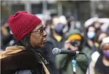  ??  ?? JUSTICE SOUGHT: Carla Sheffield, mother of Burrell Ramsey, who was killed by a Boston Police officer in 2012, speaks to a large crowd gathered in Nubian Square on Saturday.