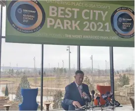  ??  ?? Tulsa Regional Tourism President Ray Hoyt speaks at a press conference at Gathering Place on Feb. 26, 2021. (KTUL)