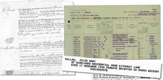  ??  ?? Just a few of the fascinatin­g records to be found on Ancestry that will help shed new light on your ancestors’ stories. Shown here, clockwise from top left, documents such as: a Settlement Order from 1795, a passenger list from 1936, a National Probate Calendar entry from 1993, and phone book entries from 1930