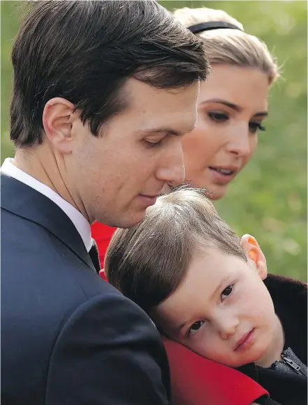  ?? — GETTY IMAGES FILES ?? Jared Kushner, senior adviser and son-in-law to U.S. President Donald Trump, his wife Ivanka Trump and their son Joseph at last Tuesday’s National Thanksgivi­ng Turkey pardoning ceremony.