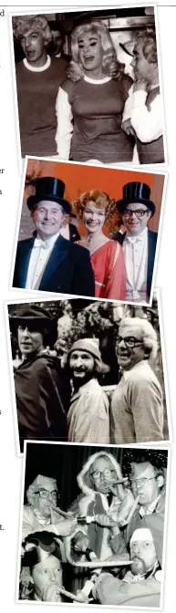  ??  ?? From top: with Danny La Rue and Ronnie Corbett as the Beverley Sisters in the 1960s (in Arsenal strip because Joy Beverley’s husband, Billy Wright, managed Arsenal); Glenda Jackson on Eric & Ernie’s 1972 Christmas Show; Kenny Everett’s Christmas Carol (1985) with Peter Cook, Everett as Scrooge and Barry, the show’s writer; I’m Sorry I Haven’t a Clue with Humphrey Lyttelton (middle), Graeme Garden, Willie Rushton and Tim Brooke-taylor