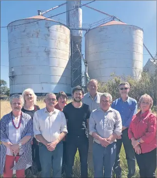  ??  ?? NEW ART SPACE: From left, Northern Grampians Shire councillor Merrilee Reid, Leah Berry, Don Berry, Sally Wright, artist Kyle Torney, mayor Tony Driscoll, Tony Tudor and Ridley St Arnaud site manager Shane Coleman and Helen Rigby at the site of the St Arnaud Silo Art Project.