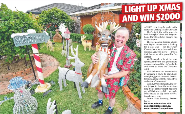  ?? Picture: STEPHEN HARMAN ?? ’TIS THE SEASON: Michael Heggen with “Cheeky” the reindeer as he gets ready for another Christmas lights display at his Clifton Springs house.