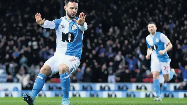  ?? Lewis Storey ?? Adam Armstrong of Blackburn Rovers celebrates scoring his side’s first goal during the match against Preston North End at Ewood Park