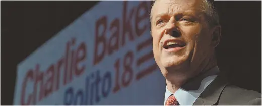  ?? STAFF PHOTO BY CHRIS CHRISTO ?? CENTER STAGE: Gov. Charlie Baker delivers a nomination speech yesterday at the Republican state convention in Worcester.