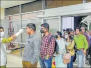  ?? PTI ?? Passengers undergo screening at Agartala Airport on March 8. n