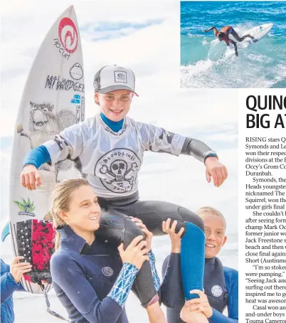  ?? Pictures: BEN STAGG/SURFING QLD ?? Quincy Symonds is chaired up the beach after her final and (insets, top) 16-and-under winners Holly Williams (Buddina) and Lennox Chell (Avoca Beach) in action.