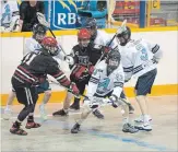  ?? BOB TYMCZYSZYN
THE ST. CATHARINES STANDARD ?? Burlington’s Callum Jones (11) fights St. Catharines’ Kyler Kilgour (43) for a loose ball in junior A lacrosse Wednesday night at Jack Gatecliff Arena in St. Catharines.