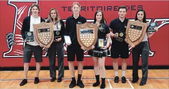  ?? ESC JEAN VANIER ?? Ecole secondaire catholique Jean Vanier's 2017-18 athletes of the year, from left, Jacob Fontaine, senior male; Alexandra Hebert, senior female; Lukas Bartok, rising star male; Kimberly Brinker, rising star female; Alexandre Blanchard, junior male; and...