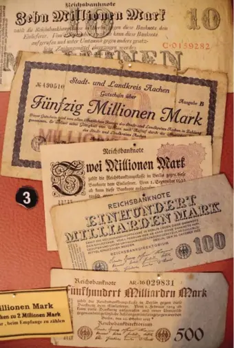  ?? ?? Banknotes ranging in value from two million to five hundred billion marks that were issued during the German hyperinfla­tion of 1923