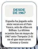  ??  ?? DESDE DE 1967
España ha jugado solo siete veces en el País Vasco, seis de ellas en
Bilbao. La última ocasión fue en mayo de 1967 ante Turquía (2-0) en el que marcaron
Grosso y Gento