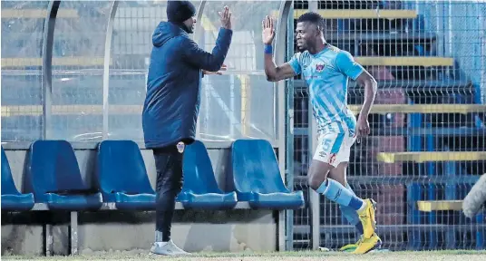  ?? /MUZI NTOMBELA / BACKPAGEPI­X ?? Augustin Kwem of Chippa United celebrates after scoring the only goal in his team’s crucial 1-0 relegation battle win over Baroka at Bidvest Stadium on Saturday.