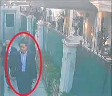  ?? AP PHOTO ?? In a frame from surveillan­ce camera footage taken Oct. 2, and published Thursday by the pro-government Turkish newspaper Sabah, a man identified by Turkish officials as Maher Abdulaziz Mutreb, walks outside the Saudi consul general’s residence in Istanbul. Writer Jamal Khashoggi disappeare­d at the nearby Saudi consulate on the same day.