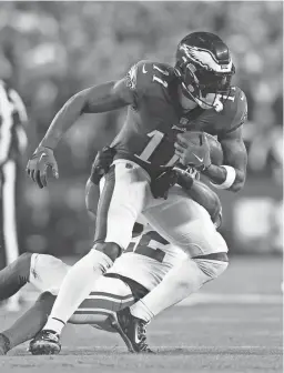  ?? BILL STREICHER/USA TODAY SPORTS ?? Eagles wide receiver A.J. Brown runs after a catch against the Giants during a divisional round playoff game on Jan. 21.