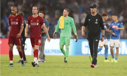  ??  ?? Klopp and his players troop off after losing their previous Champions League away game at Napoli. Photograph: Paul Currie/BPI/REX/ Shuttersto­ck