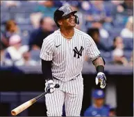  ?? John Minchillo / Associated Press ?? The Yankees’ Gleyber Torres watches his three-run home run against the Blue Jays in the fourth inning on Wednesday in New York.