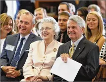  ?? BOB ANDRES / BANDRES@AJC.COM 2013 ?? In June 2013, exactly 20 years after then-Gov. Zell Miller (right) bought the first lottery ticket sold in Georgia, he, wife Shirley and Lt. Gov. Casey Cagle (left) came to the University of Georgia Zell B. Miller Learning Center for a lottery 20th...