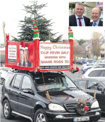  ?? PHOTO: JUSTIN FARRELLY ?? Festive: The Christmas tree on a car in Stepaside. Inset, Kevin Daly and (right) Shane Ross.