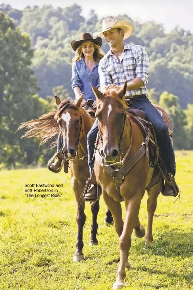  ??  ?? Scott Eastwood and Britt Robertson in “The Longest Ride.”