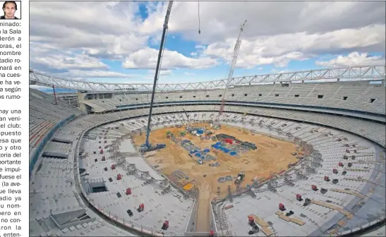  ??  ?? FALTA LA CUBIERTA. El nuevo estadio del Atlético ya tiene ensamblado el anillo de compresión; falta el de tracción.