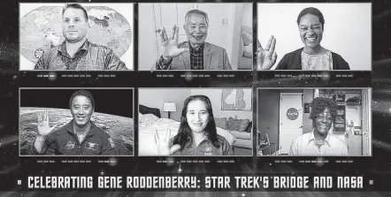  ?? Courtesy NASA ?? Rod Roddenberr­y, top from left, George Takei and Tracy Drain, with Jonny Kim, bottom from left, Swati Mohan and Hortense Diggs, take part in a discussion tied to celebratin­g Gene Roddenberr­y’s 100th birthday.