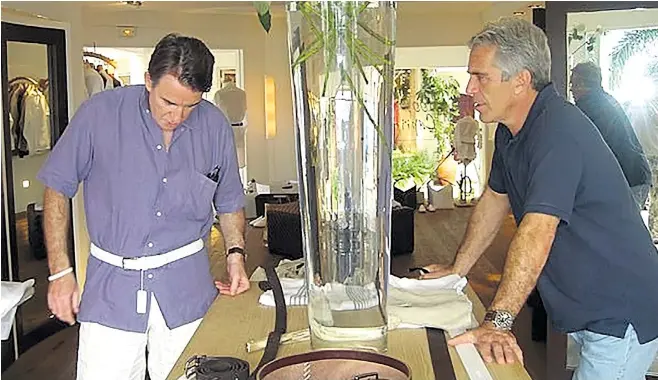  ?? ?? A photo buried in the latest legal papers released about Jeffrey Epstein shows him watching Lord Mandelson trying on a belt in a boutique in St Barts, during a trip in 2005 or 2006 orchestrat­ed by Ghislaine Maxwell