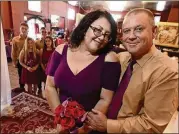  ??  ?? Anna Moradian and Joe Drilling are all smiles after their wedding at Mia Studio and Gallery in Fresno, Calif. They first met at the old Mia Cuppa coffee shop (now The Revue) at the front of the venue.