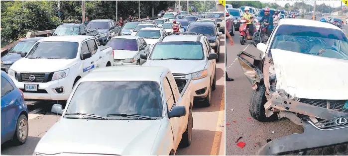  ?? FOTOS: MARVIN SALGADO/CORTESÍA MOVILIDAD URBANA ?? (1) El aumento del parque vehicular es uno de los principale­s aspectos por los que se reportan más accidentes. (2) Las colisiones provocan que se formen largas filas de automotore­s hasta por una hora.