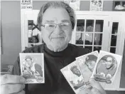  ??  ?? Miami Herald sports columnist Greg Cote with a few of the several hundred baseball and football cards from his 1960s childhood recently rediscover­ed stored in shoeboxes inside storage bins in his garage.