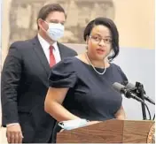  ?? CARLINE JEAN/SOUTH FLORIDA SUN SENTINEL ?? Renatha Francis speaks after being announced by Gov. Ron DeSantis as one of two new Florida Supreme Court judges.