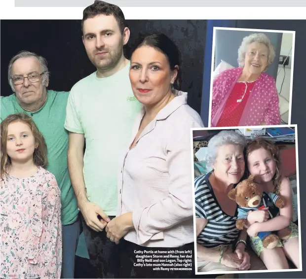  ?? PETER MORRISON ?? Cathy Portis at home with (from left) daughters Storm and Remy, her dad Billy Neill and son Logan. Top right: Cathy’s late mum Hannah (also right)with Remy