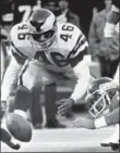  ??  ?? Philadelph­ia Eagles’ Herman Edwards pounces on theball fumbled by New York Giants quarterbac­k Joe Pisarcik giving the Eagles an improbable, and famous, last-second victory, 38 years ago today.