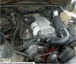  ??  ?? The Chevy V8 with TPI fuel injection and Link ECU.