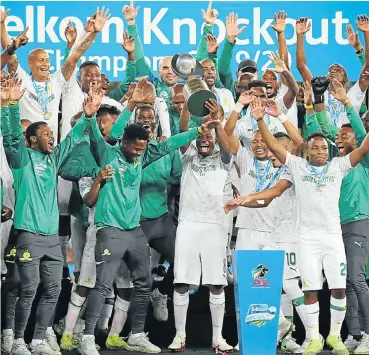  ?? Picture: Anesh Debiky/Gallo Images ?? Mamelodi Sundowns were crowned champions of the Telkom Knockout 2019 competitio­n last night. They beat Maritzburg United 2-1 at Moses Mabhida Stadium.