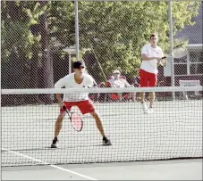  ?? MARK HUMPHREY ENTERPRISE-LEADER ?? Farmington’s No. 1 boys doubles team of Noah Disheroon and Joshua Jowers lost an extra set battle, 9-7, to Prairie Grove’s Micah Sam and Cole Vertz on Tuesday, Sept. 17, 2019, yet remain a strong state contender. The Cardinals reached the State 4A semifinals last season. Farmington hosts the District 4A-1 tennis tournament Oct. 1-3 and will make use of the city’s new tennis courts at Creekside Park in the early rounds.