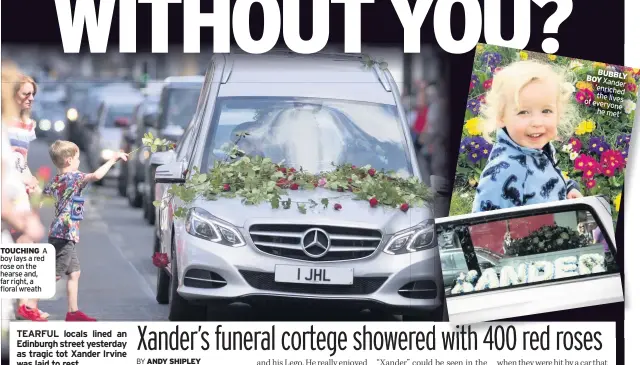  ??  ?? TOUCHING A boy lays a red rose on the hearse and, far right, a floral wreath
BO of