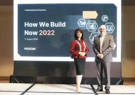  ?? ?? Germaine A. Reyes, CEO and Founder of Synergy Market Research + Strategic Consultanc­y and Bruce Wells, Vice President of Asia at Procore Technologi­es Inc., present the findings of the How We Build Now 2022 Philippine­s report.