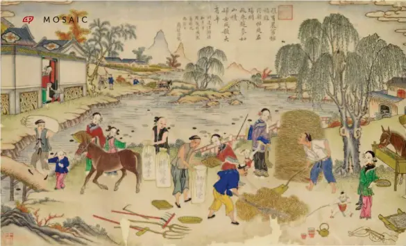  ??  ?? Busy in Harvest from Yangliuqin­g, Tianjin, produced during the reign of Emperor Daoguang (1820-1850) of the Qing Dynasty, woodblock print, 58×102cm. courtesy of the National Art Museum of China