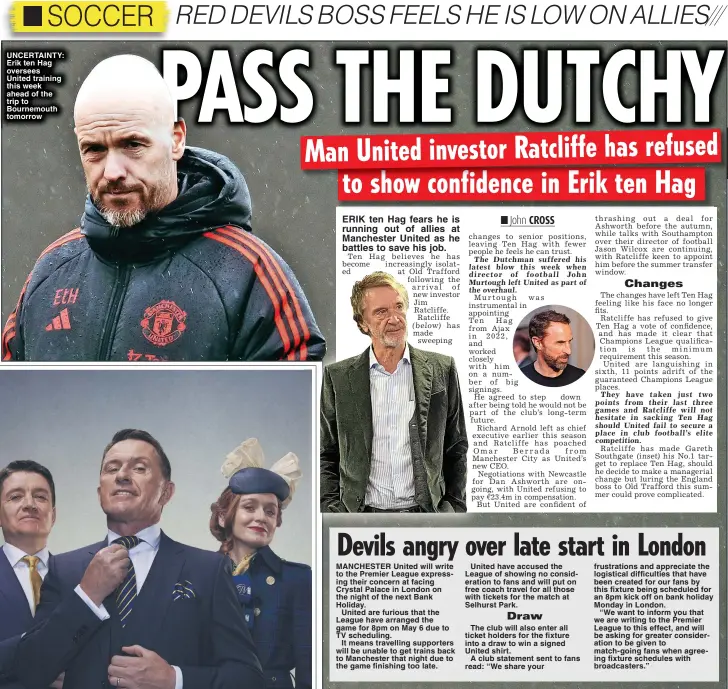  ?? ?? UNCERTAINT­Y: Erik ten Hag oversees
United training this week ahead of the trip to Bournemout­h tomorrow