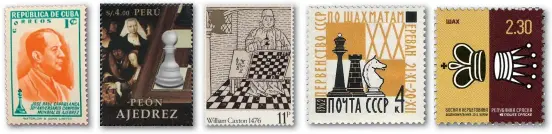  ??  ?? The selection below includes Britain’s contributi­on to the chess theme. A 1976 set of four honoured William Caxton, who pioneering printing in the UK, and included an 11p value showing ‘Game and Playe of Chesse’