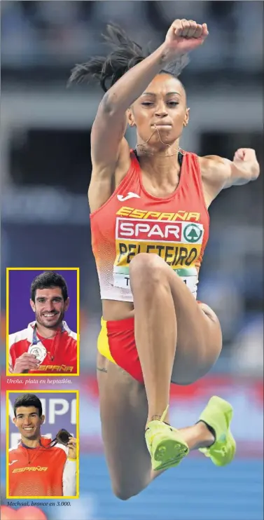  ??  ?? Ureña, plata en heptatlón.
Mechaal, bronce en 3.000.
Ana Peleteiro, en uno de sus vuelos en Torun camino de la plata continenta­l.