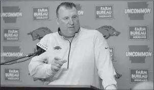  ?? NWA Democrat-Gazette/DAVID GOTTSCHALK ?? READY FOR PRACTICE: University of Arkansas head football coach Bret Bielema speaks with members of the media on Monday inside the Fred W. Smith Center in Fayettevil­le about the upcoming Razorback spring football practices.