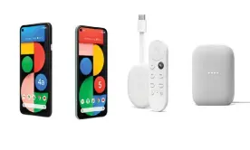  ??  ?? Google launches new Pixel 5 and 4a 5G phones alongside new Chromecast with Google TV and Nest Audio smart speaker. Photograph: Google