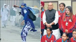  ?? PTI ?? Afshan Ashiq, who once pelted stones during a protest in the Valley, stands on the left of Union home minister Rajnath Singh in New Delhi on Tuesday.